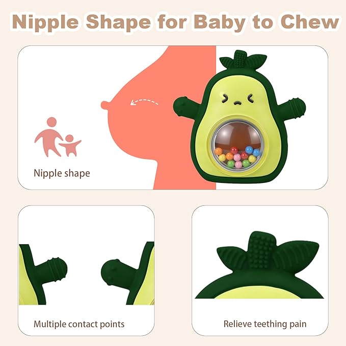 HAILI XMGQ Baby Teething Toys for 3-6 6-12 Months, Avocado Teething Mitten with Rattle, Food Grade Silicone Wrist Hand Teether for Teething Relief Newborn Chew Toys