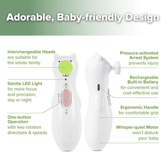 Haakaa Happii Bear Rechargeable Electric Baby Nail Trimmer – Baby Nail Clippers/Baby Nail File – Whisper Quiet & LED Lights
