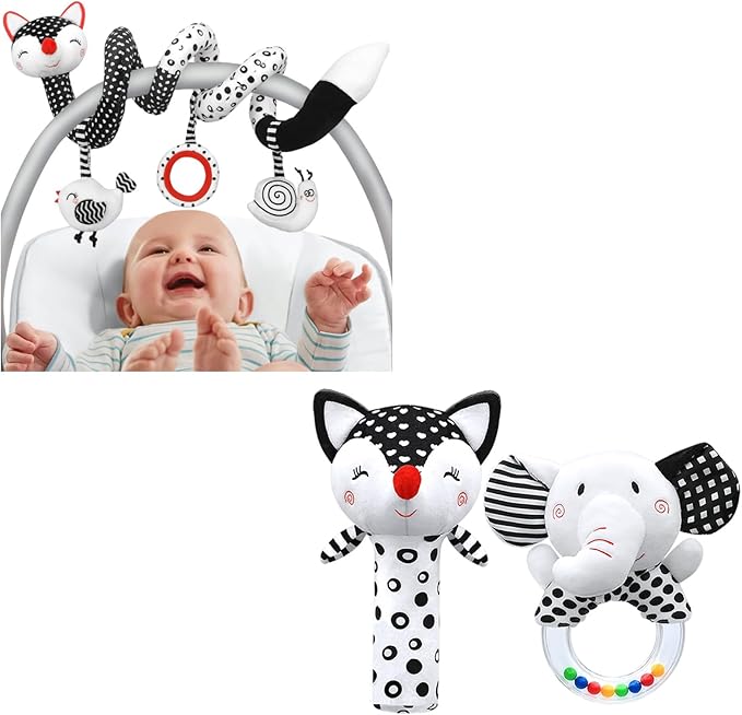 XIXILAND Black and White Car Seat Toys & High Contrast Baby Rattles 0-6 Months, Newborn Toys Baby Toys 0-3 Months Infant Toys for 0 3 6 9 12 Months Girls Boys