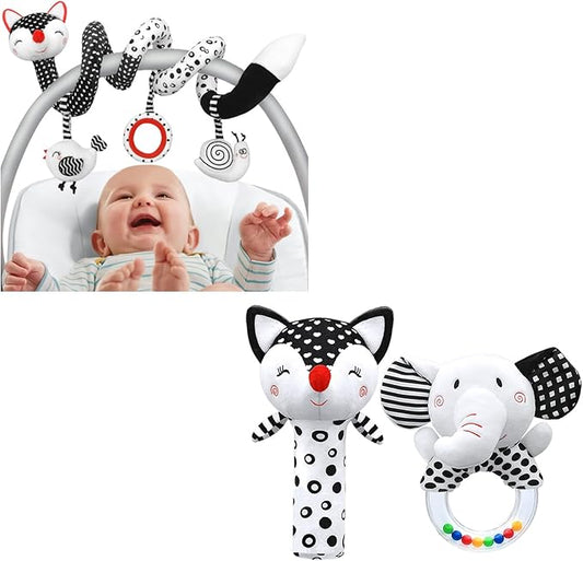 XIXILAND Black and White Car Seat Toys & High Contrast Baby Rattles 0-6 Months, Newborn Toys Baby Toys 0-3 Months Infant Toys for 0 3 6 9 12 Months Girls Boys