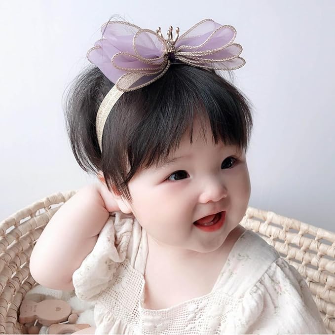 Cute Baby Girl Headband with Lace Bow and Crown Elastic Lace Bow Hair Band Newborn to Toddler Hair Accessory Shower Birthday Party Gift (Purple, Free)