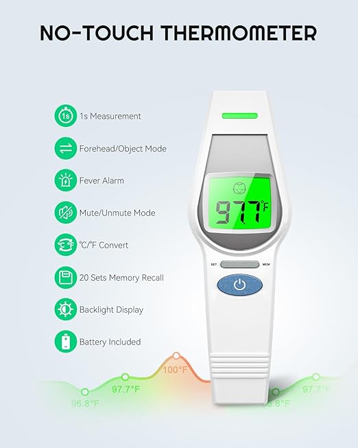 MugeTree No-Touch Forehead Thermometer for Adults and Kids Digital Baby Thermometer 2 in 1 Forehead & Object Thermometer Fever Alarm & Silent Mode Baby Essentials Non Contact