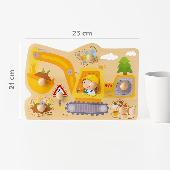 HABA Construction Site Gripping Puzzle - First Wooden Puzzle with Big Buttons - Recognize Excavator & Shovel - for Children from 12 Months - 2012171001