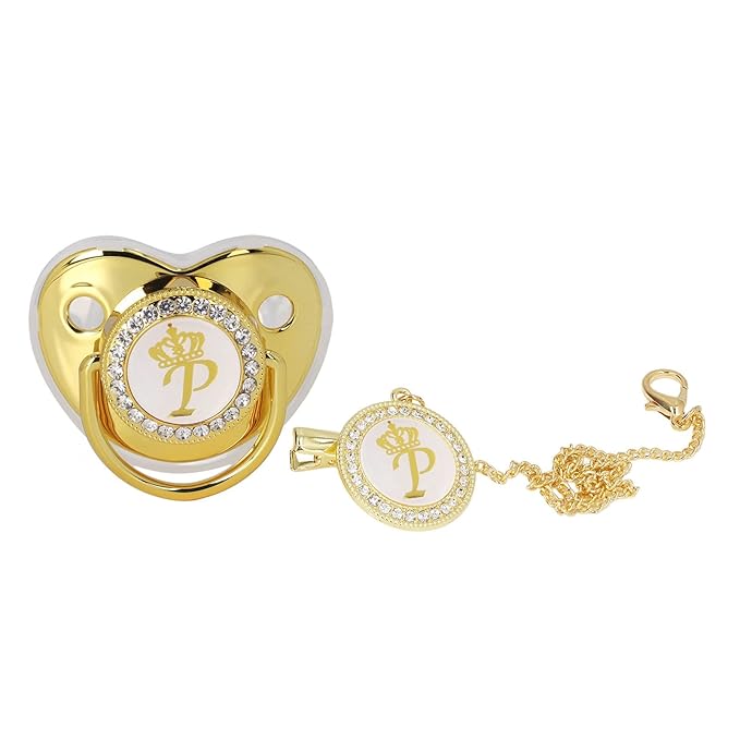 Personalized Golden Letter Baby Pacifier with Clips, Anti-Dust Cover for Newborn Photography, Letter