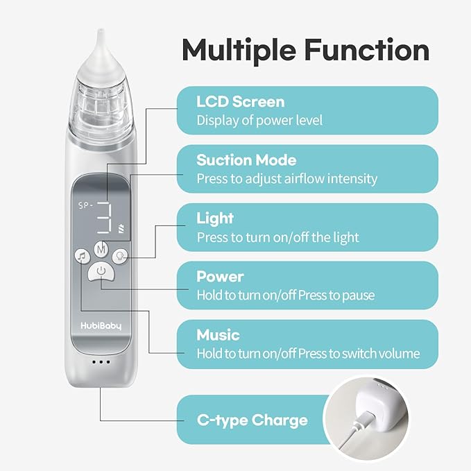HubiBaby Nasal Aspirator for Baby, Electric Nose Aspirator, Nose Sucker, Automatic Nose Cleaner with 3 Silicone Tips, Adjustable Suction Level, Music and Light Soothing Function - FSA/HSA Eligible