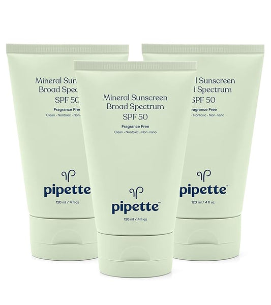 Pipette Mineral Sunscreen - SPF 50 Broad Spectrum Baby Sunblock with Non-Nano Zinc, UVB/UVA Non-Toxic Sun Protection for Kids & Sensitive Skin, 4fl oz (3 pack)