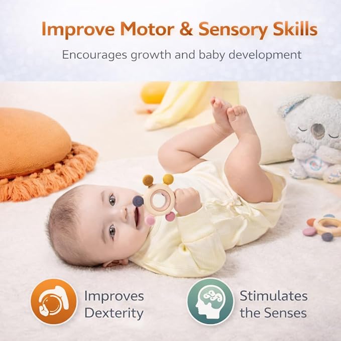 Baby Silicone Teething Ring Teether Gift Set for Boys and Girls Over 3 Months Soothes Gums Fits Small Hands Ergonomic Design Set of 4 Toys Ideal Gift Box BPA Free