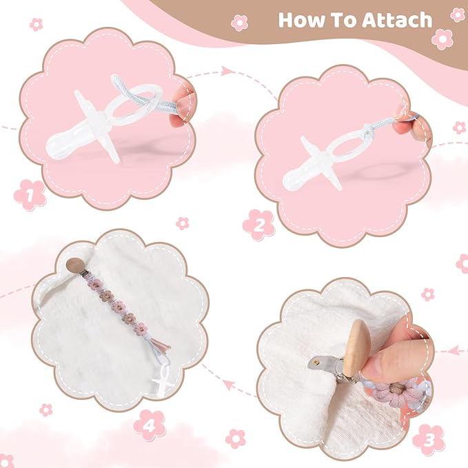Pacifier Clip for Boys Girls Floral Daisy Macrame Baby Paci Clip Pacifier Holder Leash Boho Wooden Clips Handmade Braided Cotton Binky Clips (2pack:Khaki Style × 2)