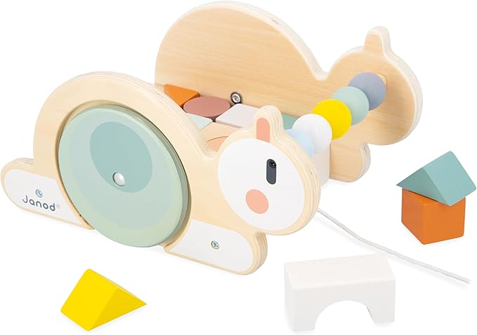 Janod Sweet Cocoon - Wooden Pull-Along Snail Cube Trolley - 17 Piece Set - Ages 18 Months - 3 Years - J03354