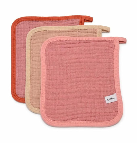 Baby Washcloths, 3-Pack, 100% Cotton Soft Absorbent, 6-Layer Muslin Wash Cloths and Face Towels, Baby Bath Essentials for Newborns, Babies and Toddlers, 8x8 inches (Peach)