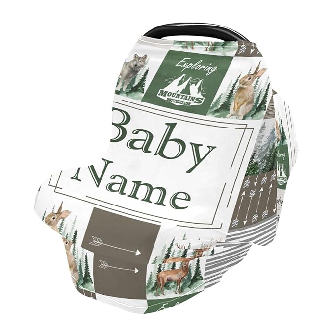 Personalized Multiuse Baby Car Seat Covers for Boys Girls, Custom Name Carseat Canopy, Nursing Breastfeeding Scarf, Gift for Newborn Babies, Infant Stroller Cover, Woodland Animal