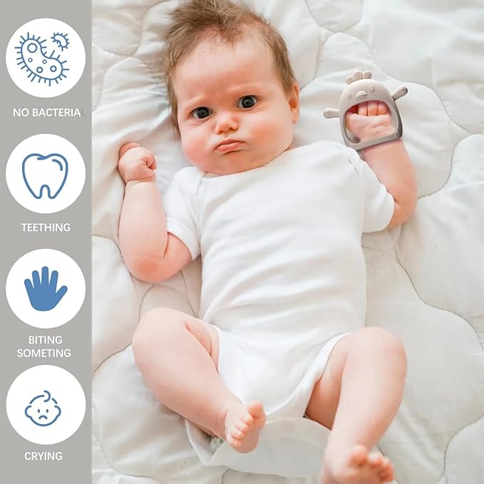 2 Pack Baby Teether Toy, BPA Free Silicone Mitten Glove Teether for Sucking Needs, Baby Teething Toys 0-3-6-12 Months, Hand Pacifier Chew Toys for Teething Pain Relief (Beige & Blue)