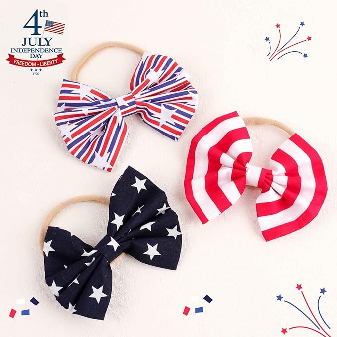 4th of July America Flag Baby Headbands Cheer Bow, Baby Girls Red White Blue Star Spangled Patriotic Hair Bow for Newborns Toddlers Small Children,3 Pcs (America Flag-B)