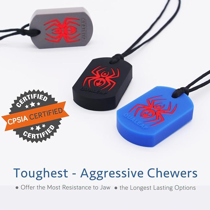 Xtra Tough (XT) Spider Sensory Chew Necklace for Kids (3 Pack) - Chewing Teething Necklace Teether Necklace Chew Toys - Designed for Chewing, Autism Sensory Teether Toy (Toughest - Aggressive Chewer)
