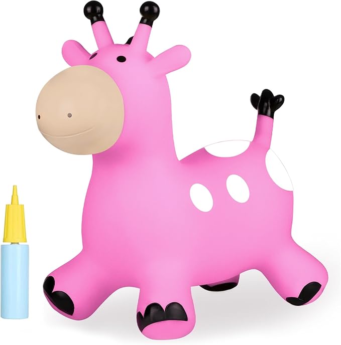 INPANY Giraffe Pink Bouncy Horse Hopper - Toddler Hopping Toys, Inflatable Animal Hopper, Jumping Horse, Outdoor Indoor Ride on Rubber Bouncer, Birthday Gift for 2 3 4 Year Old Boy Girl
