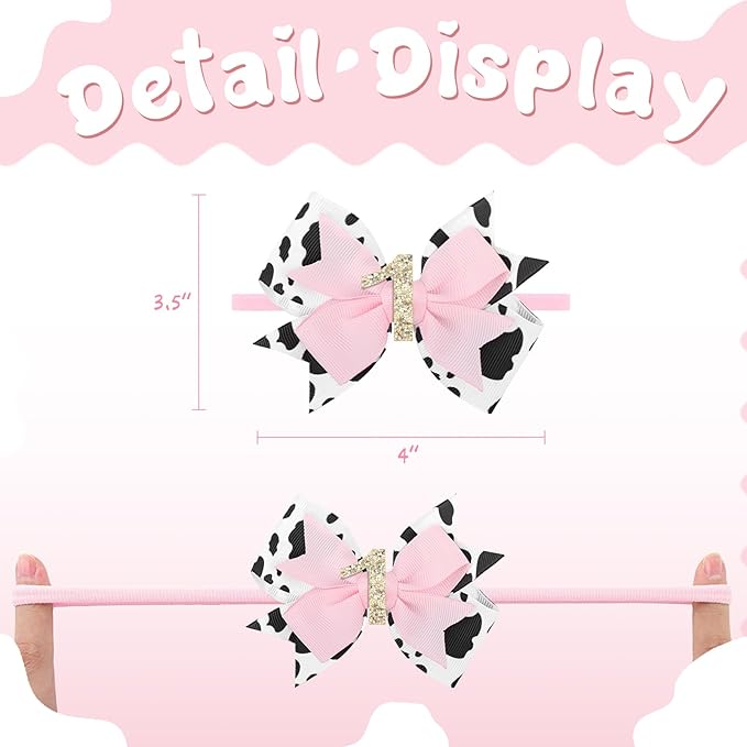 YanJie 4'' Baby Girl Birthday Hair Bow for 1 Year Old Newborns Glitter Cow Print Infant Headbands Sprinkle First Birthday Hair Accessories Pink Bows