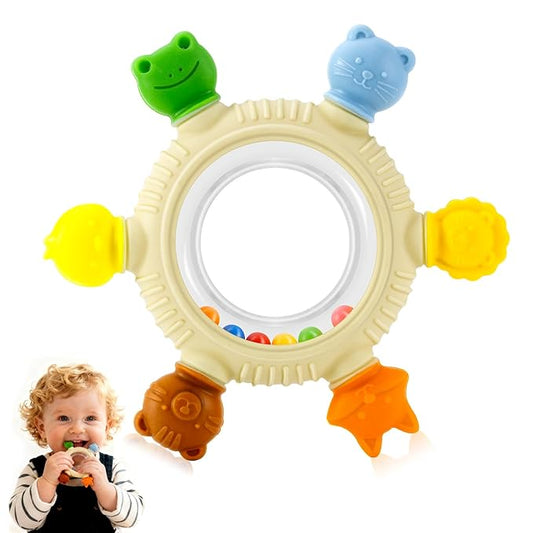 Baby Teething Toy for 0-6 6-12 Months Sensory Toys Baby Rattle Teether | Freezer Safe Silicone Teether | Silicone Baby Teething Ring for Teething Relief | BPA Free, Easy Grip Design for Infants