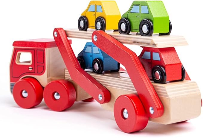 Bigjigs Toys, Wooden Car Transporter, Toy Car Ramp, Wooden Toys, for 1 Year Old Boys, Push Along Baby Vehicle Toy