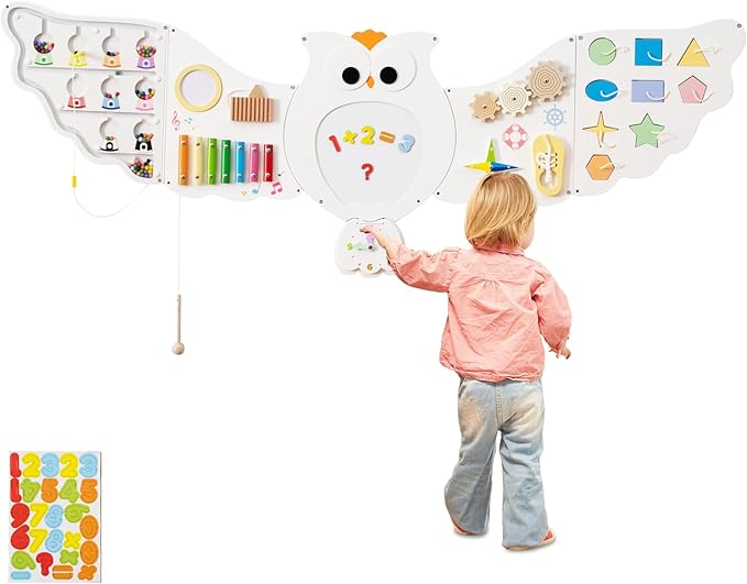 Olakids Owl Sensory Wall, 11 in 1 Wooden Montessori Busy Board Panel with Magnetic Whiteborad Mirror 26 Accessories, Toddler Wall Mounted Activity Center Educational Toys Learning Gift (White Owl)