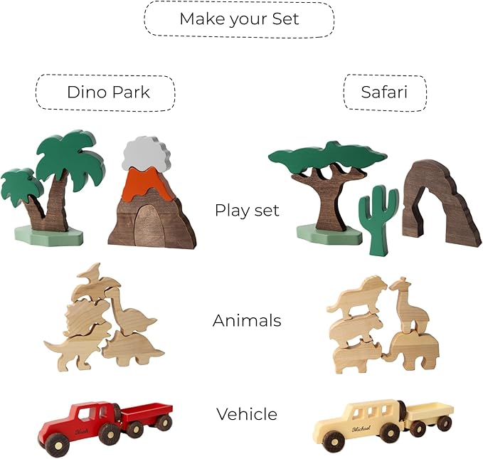 Personalized Colored Wooden Car Play Set with Dinosaur Theme – Custom Toddler Sensory Toys, Unique Birthday and Baptism Gifts for Boys, Nursery Room Decor, Baby Shower Gifts