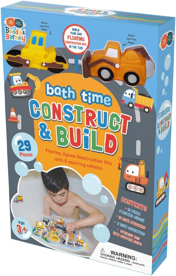 Buddy & Barney Bath Toy - Bath Time Construct & Build Activity Set for 2 3 4 5 6 7 Year Olds | 29 Pieces with Jigsaw, Digger & Bulldozer Water Squirter Toy | Handy Storage Organiser Bag Suction Cups