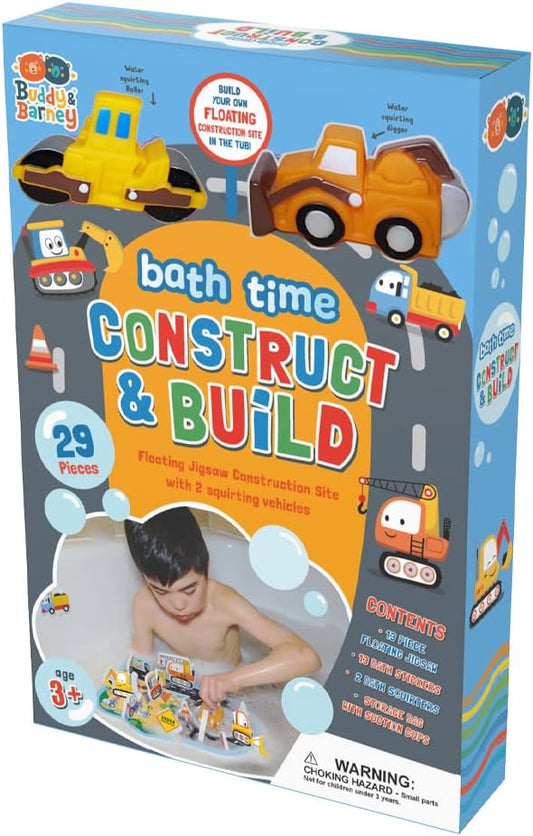 Buddy & Barney Bath Toy - Bath Time Construct & Build Activity Set for 2 3 4 5 6 7 Year Olds | 29 Pieces with Jigsaw, Digger & Bulldozer Water Squirter Toy | Handy Storage Organiser Bag Suction Cups