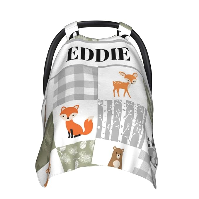 Personalized Baby Car Seat Canopy for Babies, Custom Name Car Seat Covers for Boys and Girls, Opening Minky Nursing Breastfeeding Cover for Infant, Carseat Canopies for Newborn (Woodland Animals)