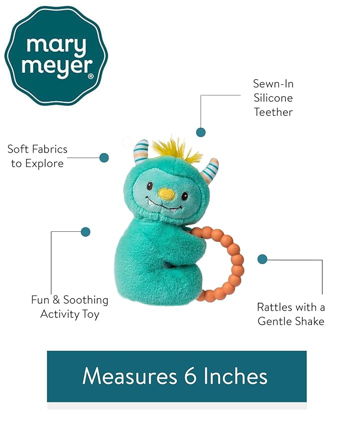 Mary Meyer Soft Baby Rattle with Soothing Teether Ring, 6-Inches, Mookie Monster