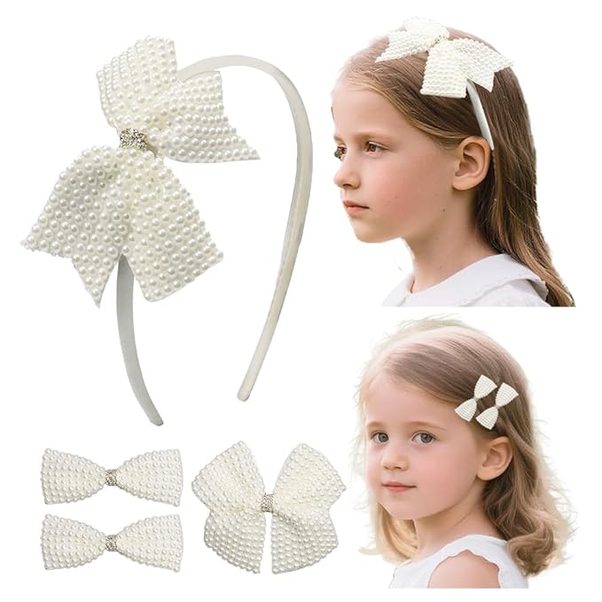JIAHANG Baby Girls Pearl Beaded Hair Bow Headband and Clips Set, Rhinestone Hair Accessories Gift 4Pcs Set for Toddlers Teens School Girls (pearlseries)