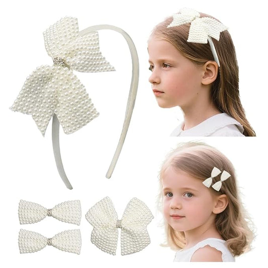 JIAHANG Baby Girls Pearl Beaded Hair Bow Headband and Clips Set, Rhinestone Hair Accessories Gift 4Pcs Set for Toddlers Teens School Girls (pearlseries)