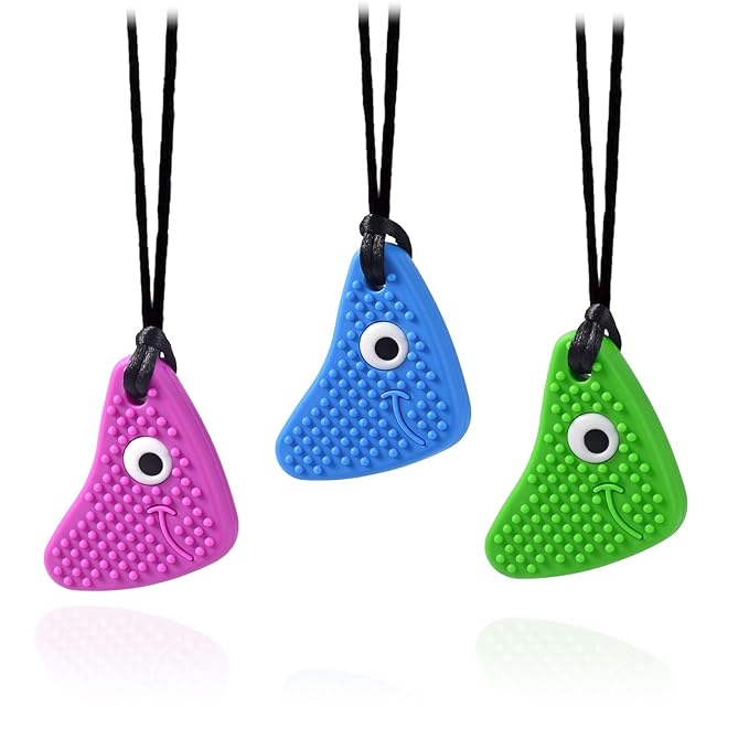 Chew Necklaces for Sensory Kids, Seeway Chewy Necklace Sensory Motor Aids, 3 Pack Silicone Sensory Chew Toys, Different Textures Chewelry, Improve Concentration【Blue, Green, Purple】