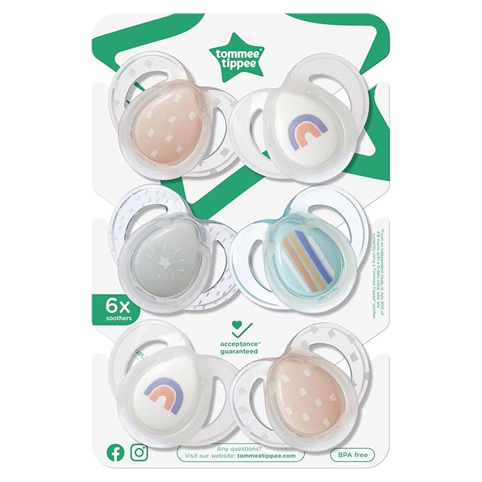 Tommee Tippee Night Time Pacifier, 6-18 Months, Symmetrical Silicone Baglet, BPA-Free Binkies, Glow in The Dark Technology, Pink Rainbow, Pack of 6