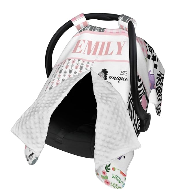 Personalized Baby Car Seat Canopy for Babies, Custom Name Car Seat Covers for Girls, Opening Minky Nursing Breastfeeding Cover for Infant, Carseat Canopies for Newborn (Zoo Animals)
