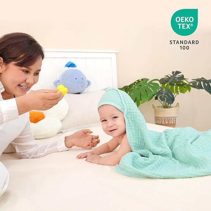 david's kids 2 Pack Hooded Baby Towels, 100% Muslin Cotton 6-Layer Ultra Soft Breathable Absorbent Baby Bath Towels for Infant and Toddler, Newborn Essentials, Large 32x32Inch, Beige & Green