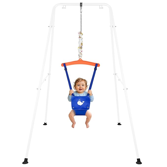Baby Jumper with Stand, Foldable Activity Jumper for Infants, Height Adjustable Baby Bouncer No Doorway Needed Toddler Jumper, Portable Indoor Outdoor Baby Activity Center for 6-12 Months (Blue)