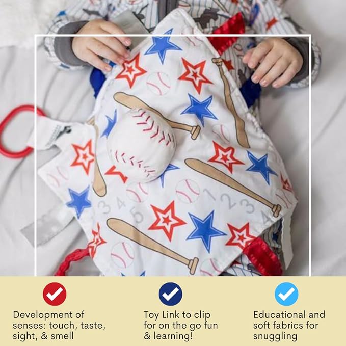 Baby Jack & Co. Sensory, Educational & Closed Ribbon Tag Lovey Blanket with Security Plush: 10"X10" (Baseball)