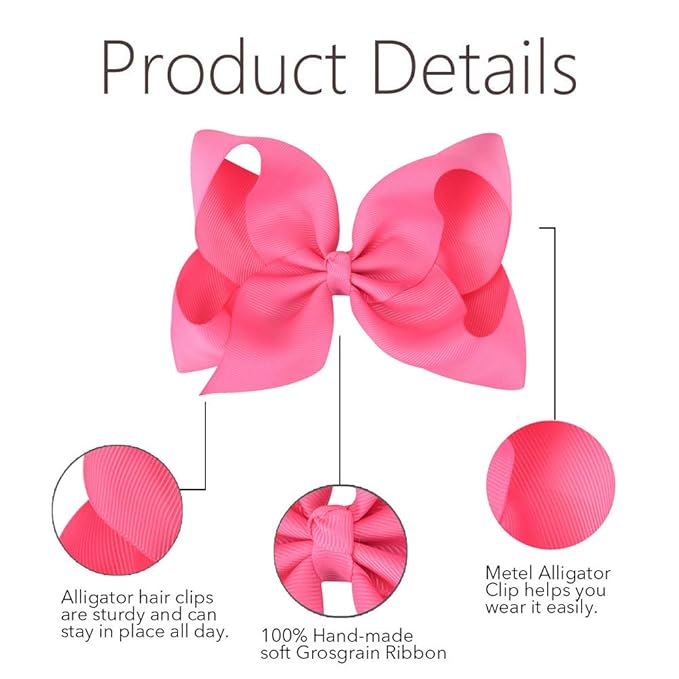 Oaoleer Big Hair Bows for Girls 12 PCS 6" Hot Pink Grosgrain Ribbon Large Boutique Bow Alligator Clips Hair Accessories for Toddlers Little Girls Kids