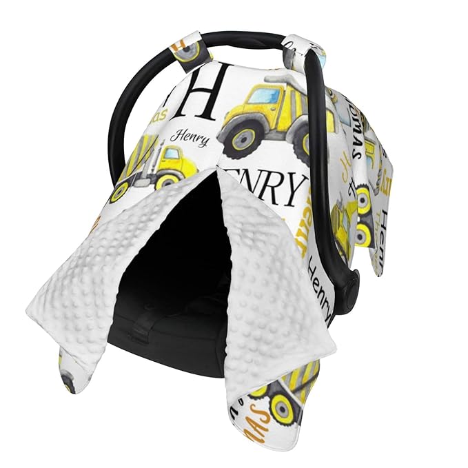 Personalized Baby Car Seat Canopy for Babies with Name, Custom Construction Truck Stroller Car Seat Covers for Boy, Minky Nursing Carseat Cover for Breastfeeding, Car Seat Canopies for Infant Newborn