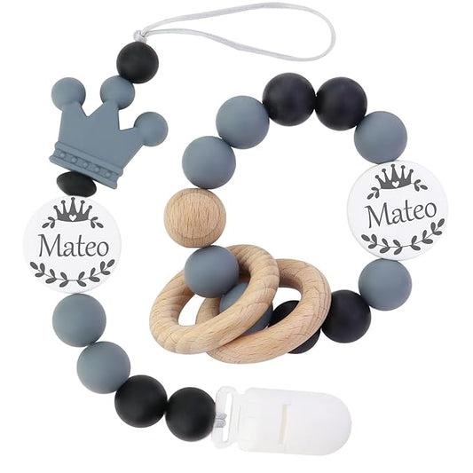 Personalized Rattle with Name can be Used with a Customized Pacifier Clip for Boy and Girl Gift Set (Grey)