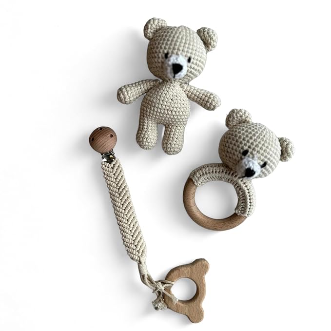 Organic Cotton Handmade Crotchet Bear Rattle, Toy, teether and Pacifier Holder Baby Shower/Birthday Gift Set.