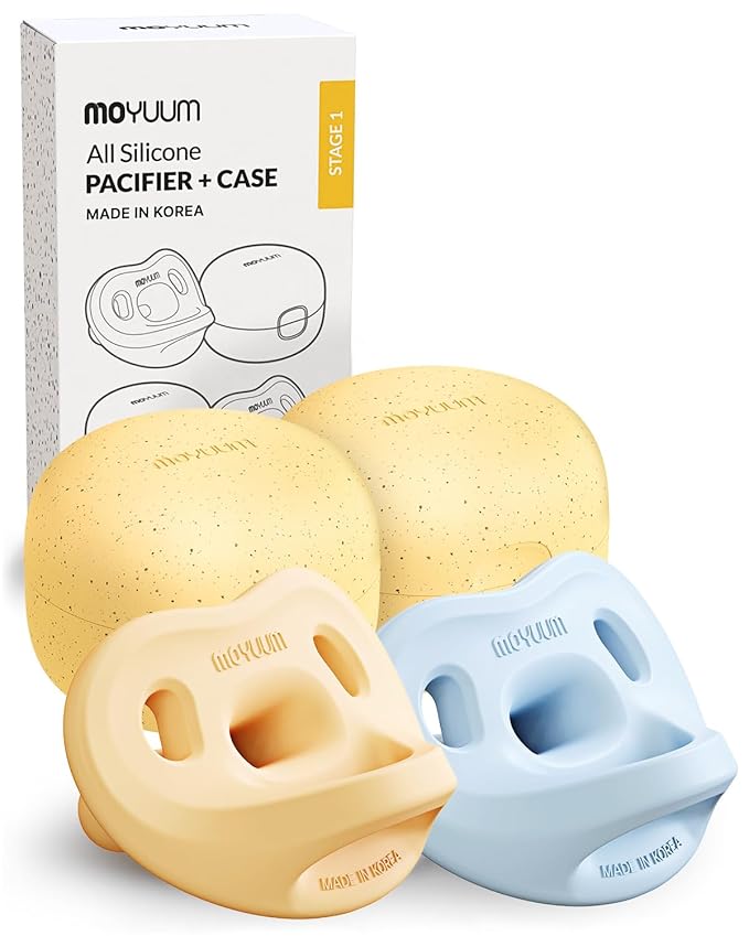 Moyuum Silicone Macaron Pacifier | Made in Korea, BPA Free One-Piece Design Baby Soother, Soft Orthodontic Shape with Air Holes, 2 Pack with Travel Case, Newborn 0-3 Months (Mango+Blue, Stage 1)