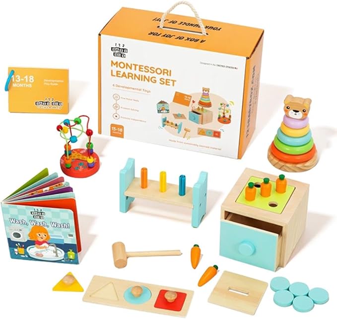 6-in-1 Montessori Learning Toys for 13-18 Months - Toddler Developmental Activity Set with Bear Tower, Pound Bench, Beads Coaster & More Educational Wooden Toys