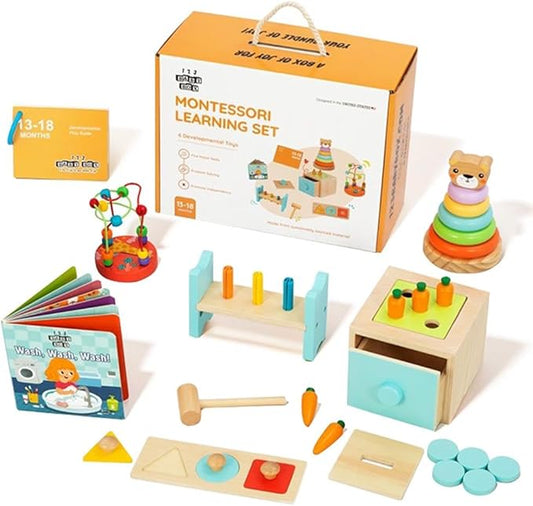 6-in-1 Montessori Learning Toys for 13-18 Months - Toddler Developmental Activity Set with Bear Tower, Pound Bench, Beads Coaster & More Educational Wooden Toys