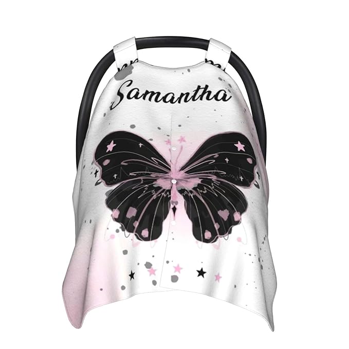 Personalized Baby Car Seat Canopy with Name, Custom Stroller Baby Car Seat Covers for Girls, Minky Nursing Carseat Cover for Breastfeeding, Car Seat Canopies for Infant Newborn(Butterfly Black)