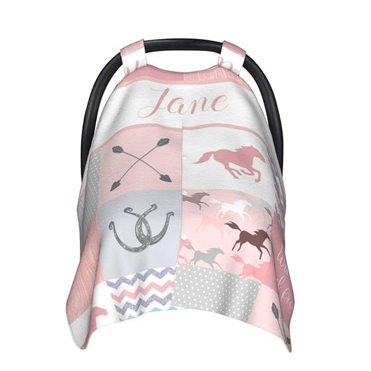 Personalized Baby Car Seat Canopy for Baby Girls, Custom Name Horse Pink Baby Car Seat Covers for Babies, Opening Minky Nursing Breastfeeding Cover for Infant, Carseat Canopies for Newborn