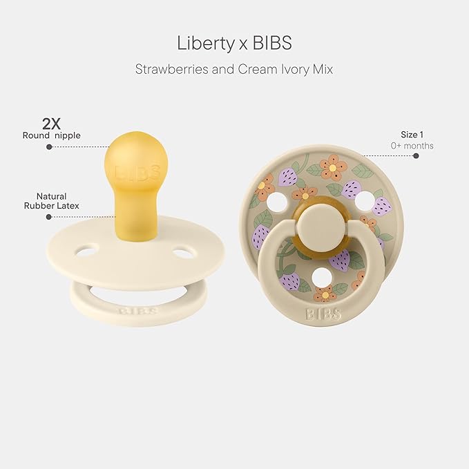 BiBS Liberty Pacifier 2-Pack, BPA Free Pacfiers with Natural Latex Round Nipple, Made in Scandinavia, Size 1 (0-6 Months), Strawberries and Cream Ivory Mix
