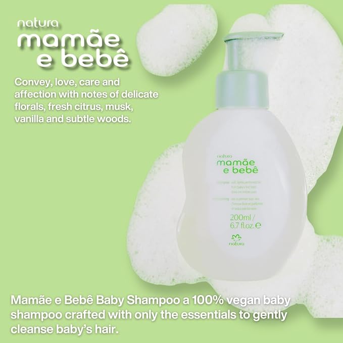Natura - Mamãe e Bebê Baby Shampoo with Refill - 100% Vegan - Safe & Gentle Formula - 98.4% Natural Origin - All Skin Types - Cruelty Free - Brazilian Beauty - Baby Essentials - 6.7 fl oz (200ml)