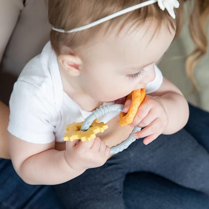 Bumkins Baby Teething Freezer Toy Keys Rings, Soft Flexible Pacifier to Chew, Cool Teether Gum Relief, Babies 3 Months, Freezable Platinum Silicone, Sensory Bracelet with Charms, Orange and Gray