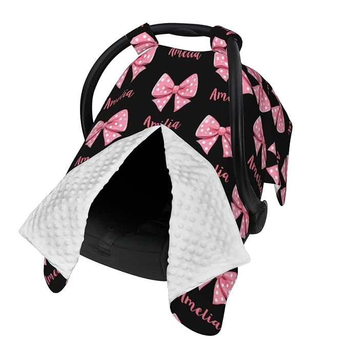 Personalized Name Car Seat Covers for Baby Girls, Custom Bows Baby Carseat Canopy, Nursing Cover for Breastfeeding, Strollers Car Seat Canopies for Babies Infant Newborn, Baby Shower Gifts