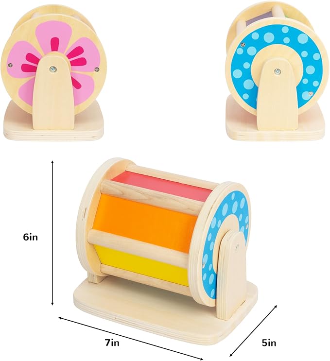 Montessori Spinning Drum Baby Toys, Wooden Tummy Time Mirror Play Kit and Rainbow Fabric Ball Kit Toys for 1 2 3 Years Toddlers